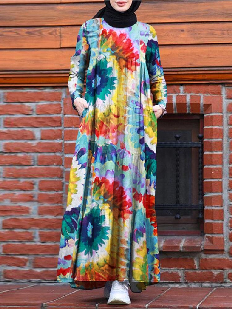 Vintage Floral Print Tie Dye Contrast Color Kaftan Tunic A-line Tiered MuslimDress