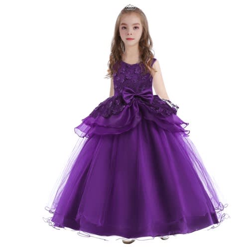 Girl's Embroidery Ball Gown With Waist Flare - Purple