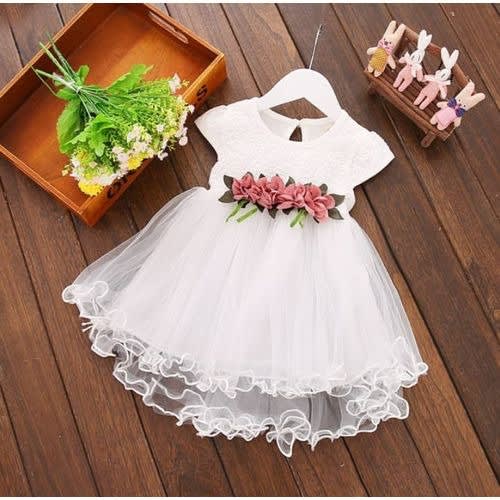Girl's White Gown With Band Roses