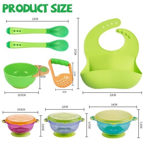 Baby Bowls With Suction + Mash Bowl + Silicone Bib & Feeding Spoons - Lemon