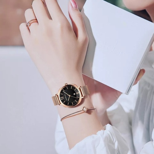 Crrju - Women Wristwatch - Rose Gold & Black