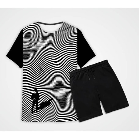 Round Neck Contour Design T-Shirt & Short - Black