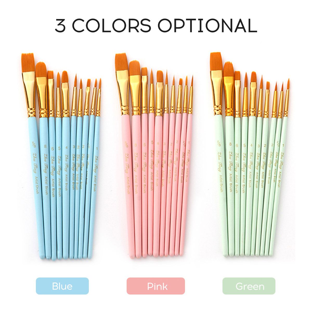 10pcs Nylon Hair Paint Brush Set Face Nail Art Round Pointed