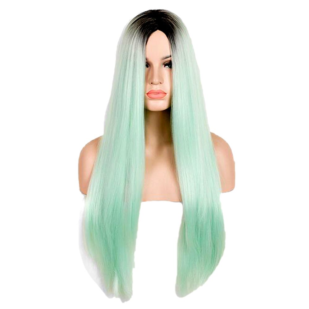 Europe And America Long Straight Hair Green Gradient Middle