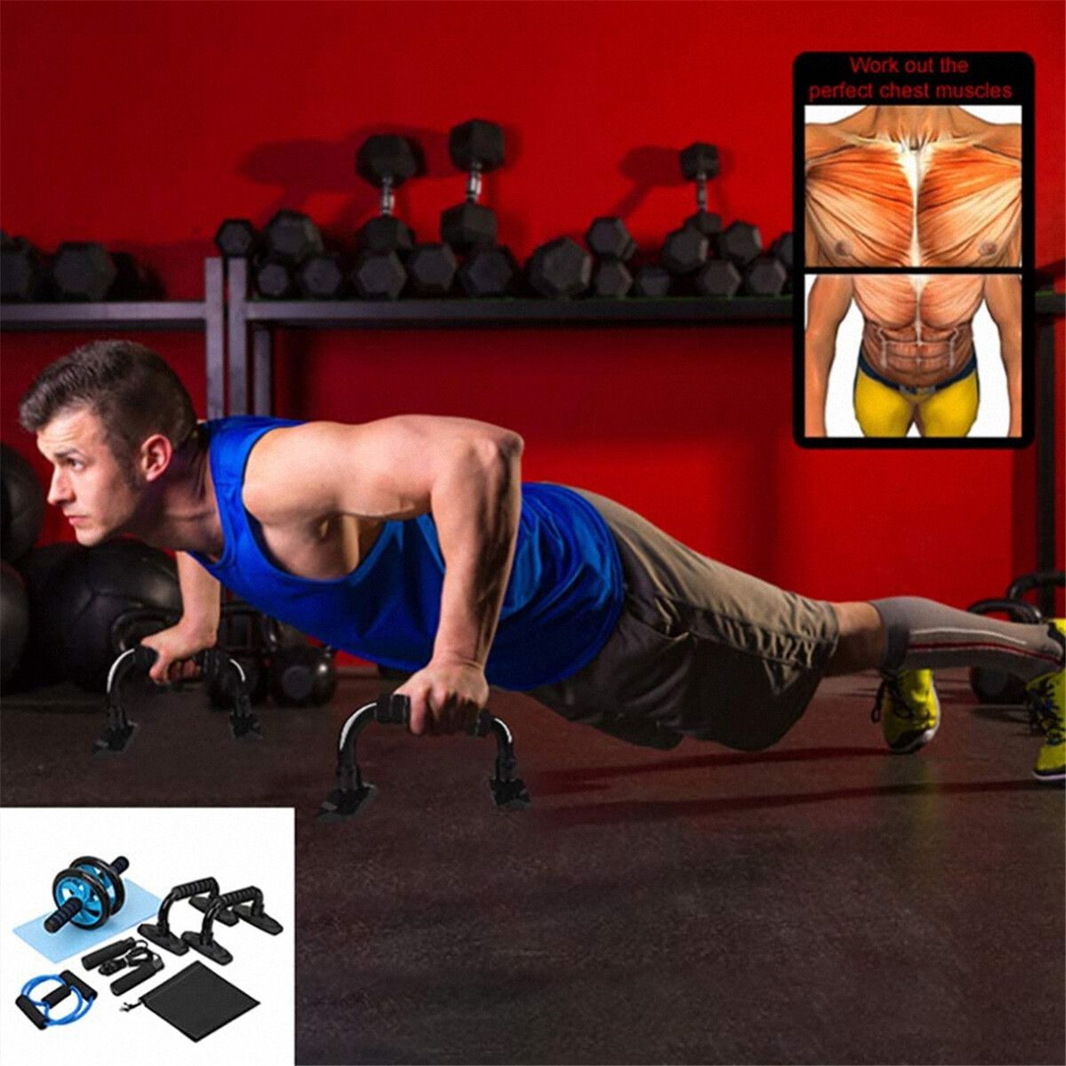 8/7PCS AB Wheel Roller Kit With Push-Up Bar Jump Rope Hand Gripper And Knee Pad Core Carver Fitness Workout Home Fitness Muscle Training Set 8PCS-SET