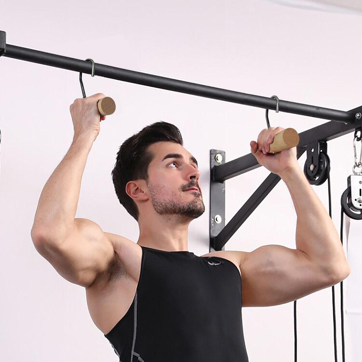 1 Pair Pull Up Workout Grips Wooden Heavy Duty Bar With Hook For Weight Lifting Deadlift Arm