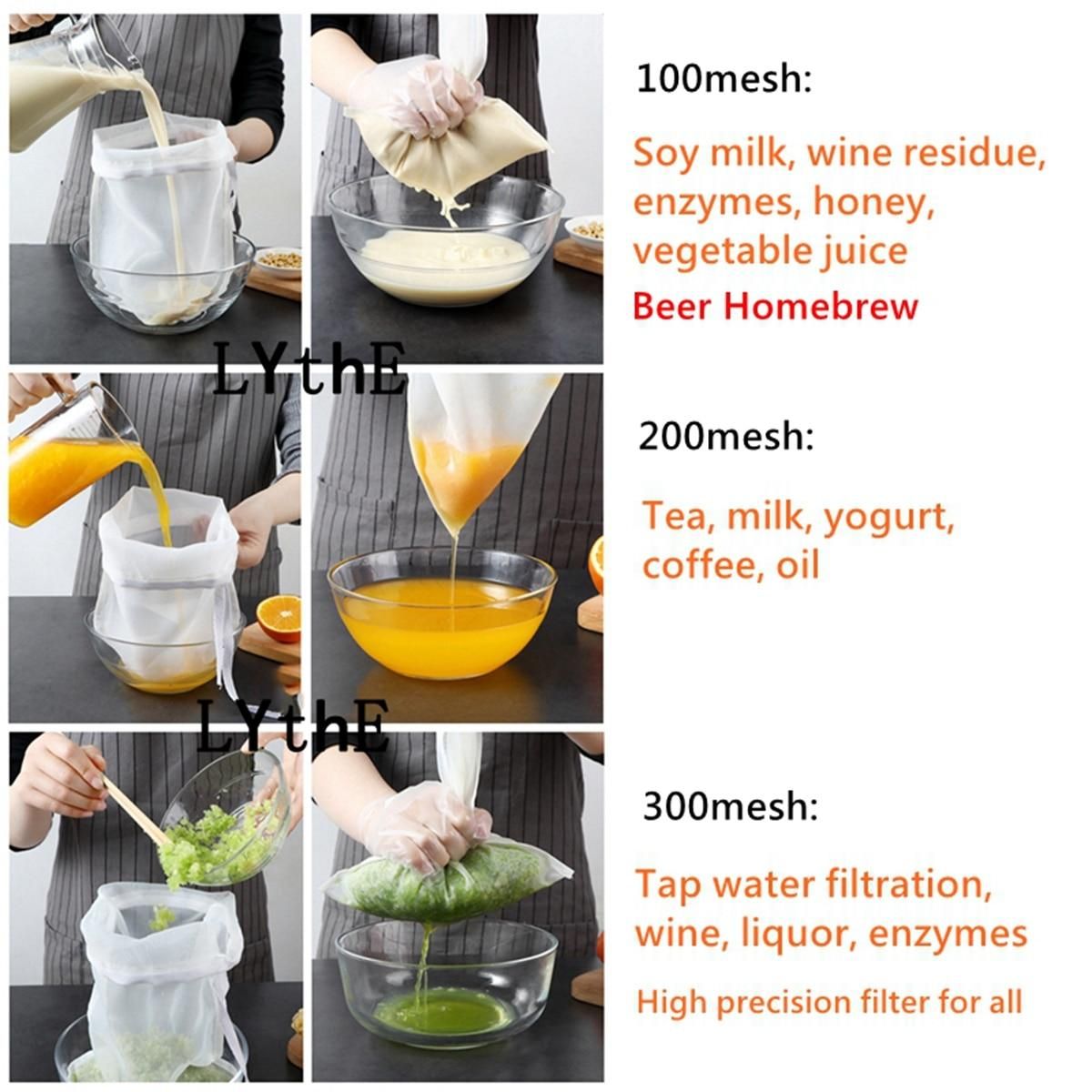 3pcs Soy Milk Wine Filter Bag Nut Milk Bag Tea Coffee Oil Yogurt Filter Net Mesh Kitchen Food Reusable Nylon Filter Bags Strainer