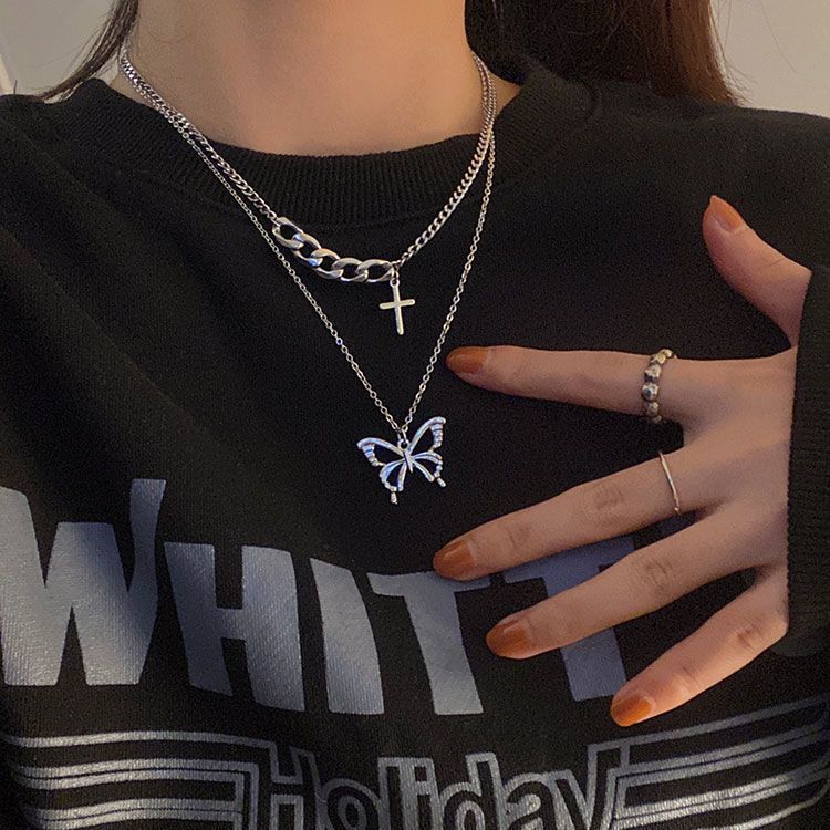Butterfly Cross Stacked Personalized Design Clavicle Chain Necklace-Silver