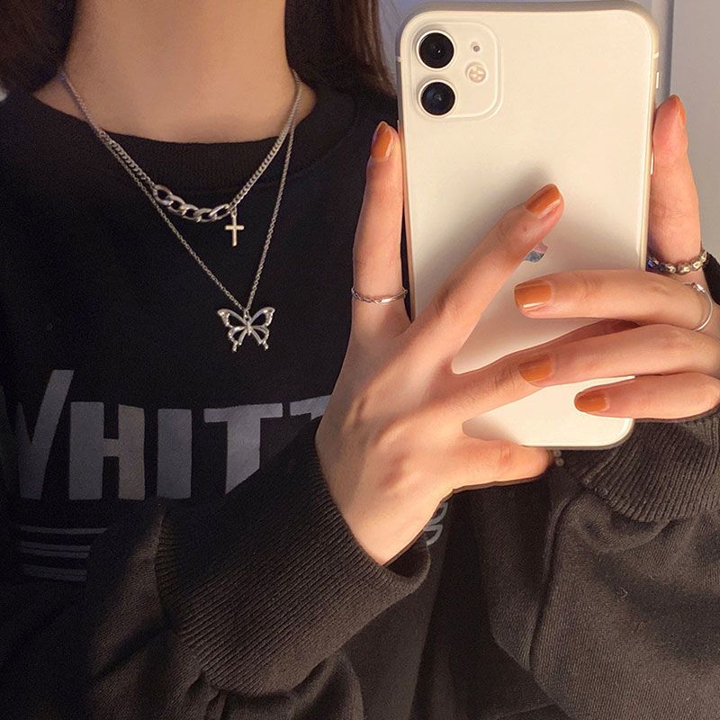 Butterfly Cross Stacked Personalized Design Clavicle Chain Necklace-Silver