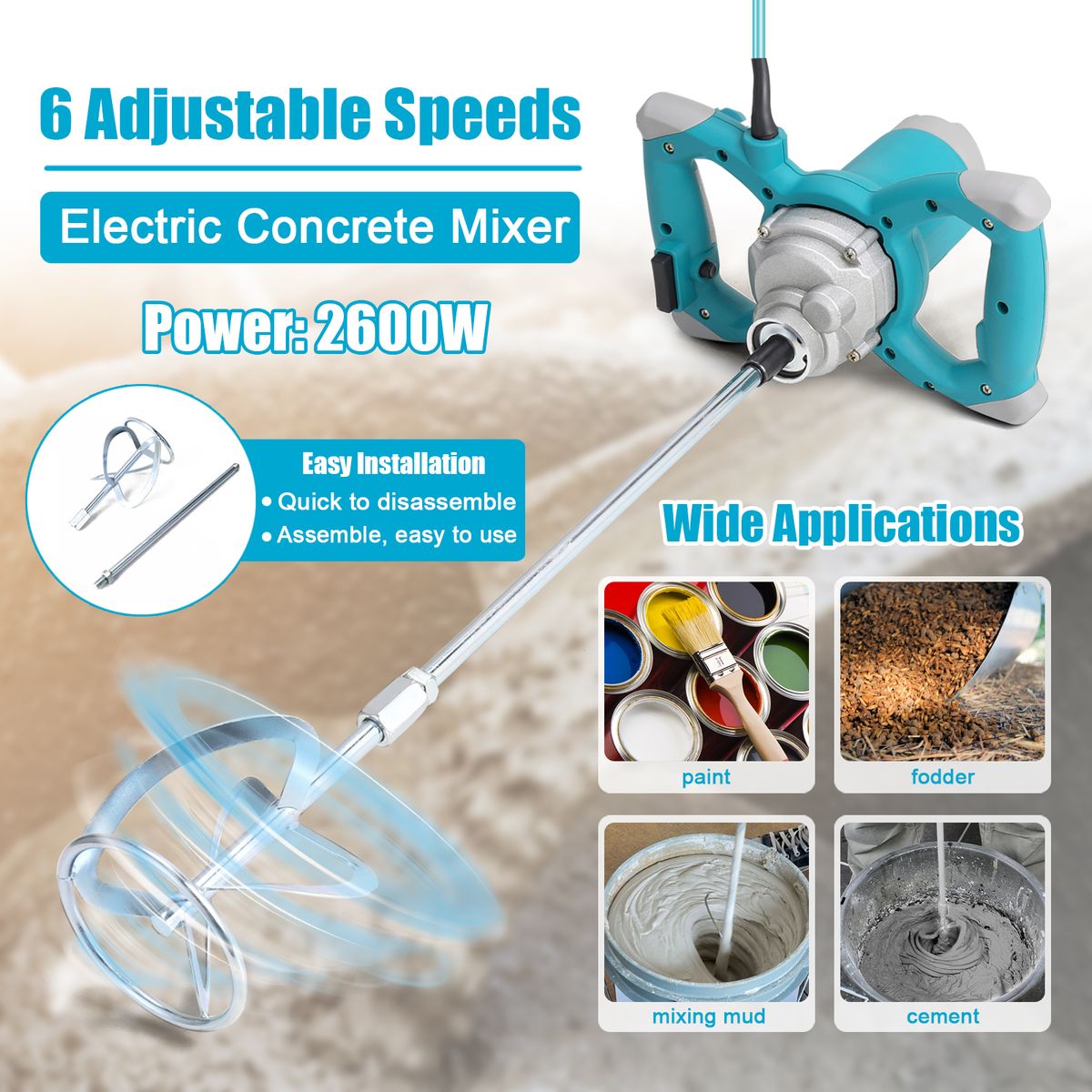 2600W Electric Concrete Mixer Portable Handheld Concrete