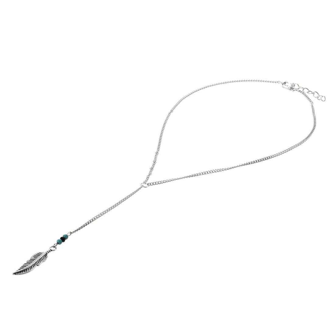 Women turquoise feather tassel neck chain bohemian