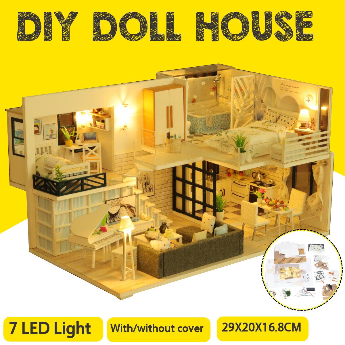 DIY Doll House Furniture 3D Wooden Miniaturas For Children Birthday Gifts With 7 LED Cover Boys Girls Kids Multicolor