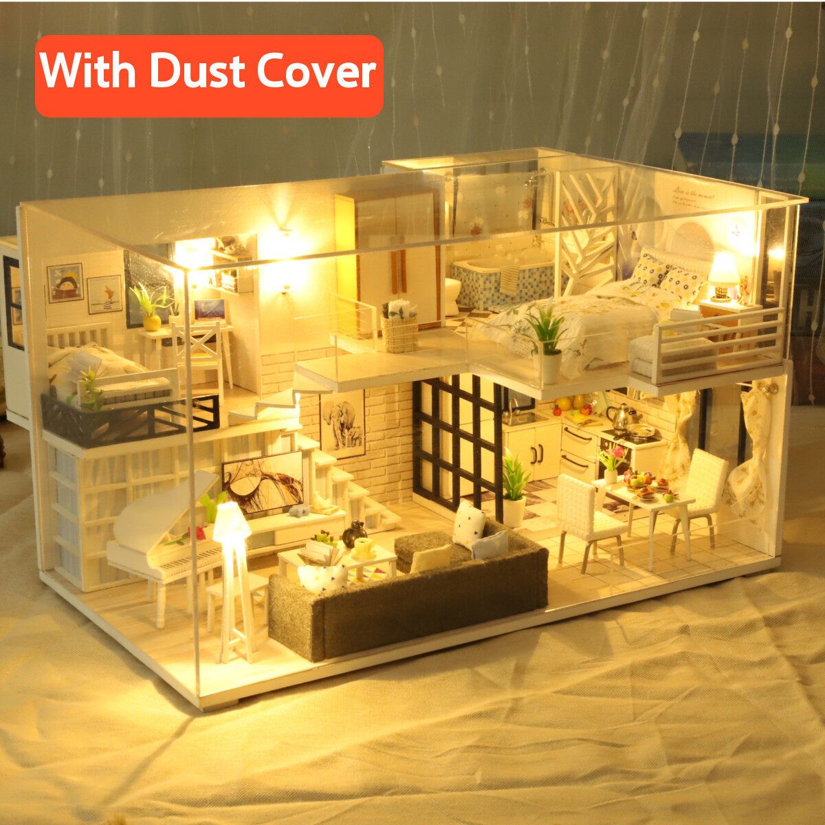 DIY Doll House Furniture 3D Wooden Miniaturas For Children Birthday Gifts With 7 LED Cover Boys Girls Kids Multicolor
