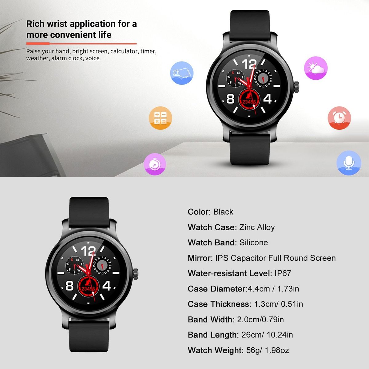 SMA-R2 Smart Watch Round Touch Screen Silicone Band IP67