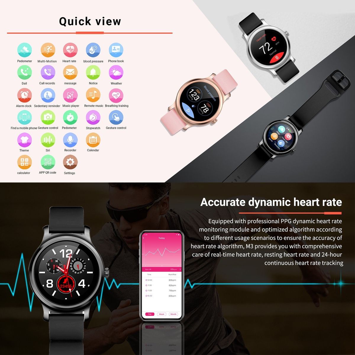 SMA-R2 Smart Watch Round Touch Screen Silicone Band IP67