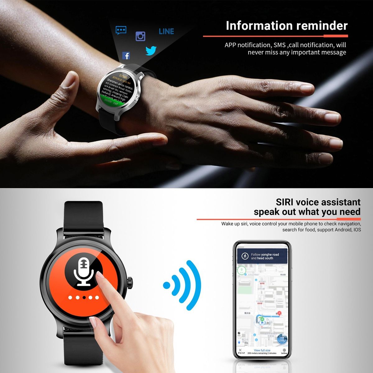 SMA-R2 Smart Watch Round Touch Screen Silicone Band IP67