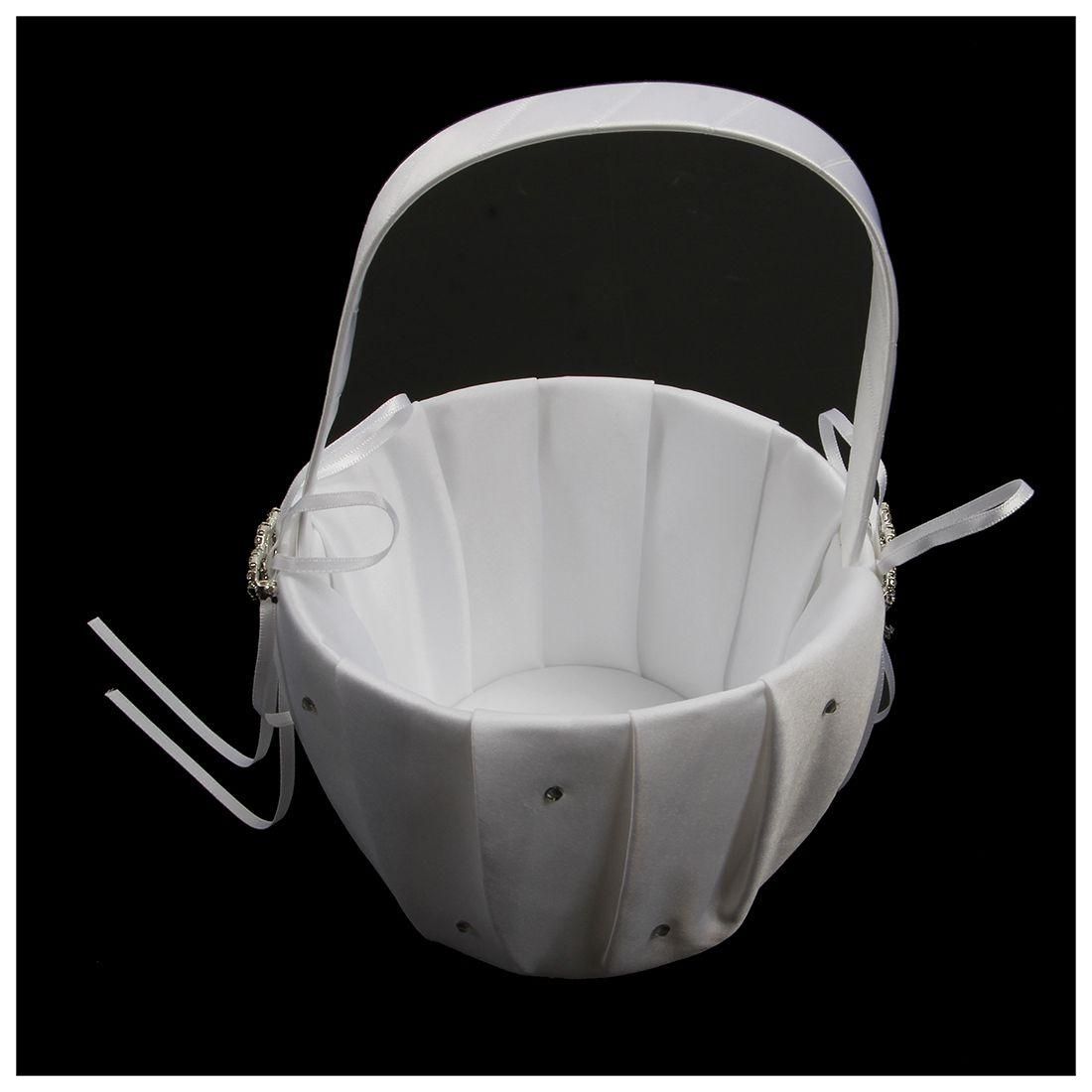 2 Heart Rhinestones Ivory Satin Flower Girl Basket and Ring Pillow Set bleach