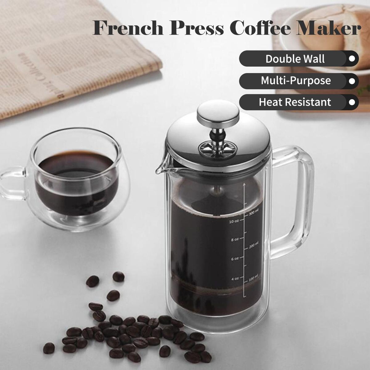 20oz Double Walled French Coffee Maker Heat Resistant Borosilicate Glass Coffee Pot with High-Density Stainless Steel Filter