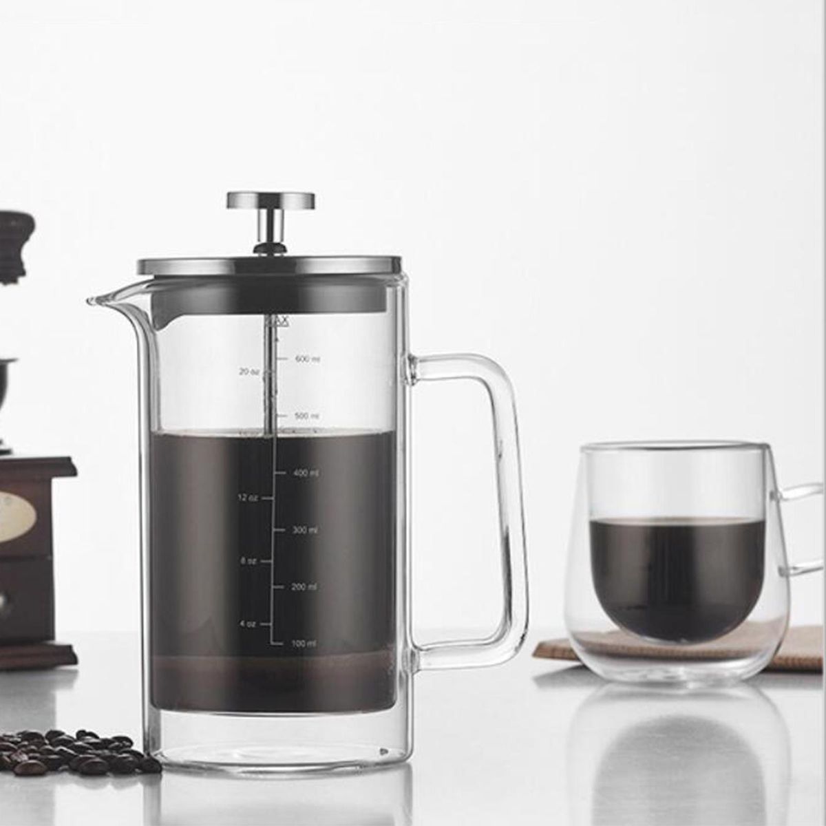 20oz Double Walled French Coffee Maker Heat Resistant Borosilicate Glass Coffee Pot with High-Density Stainless Steel Filter
