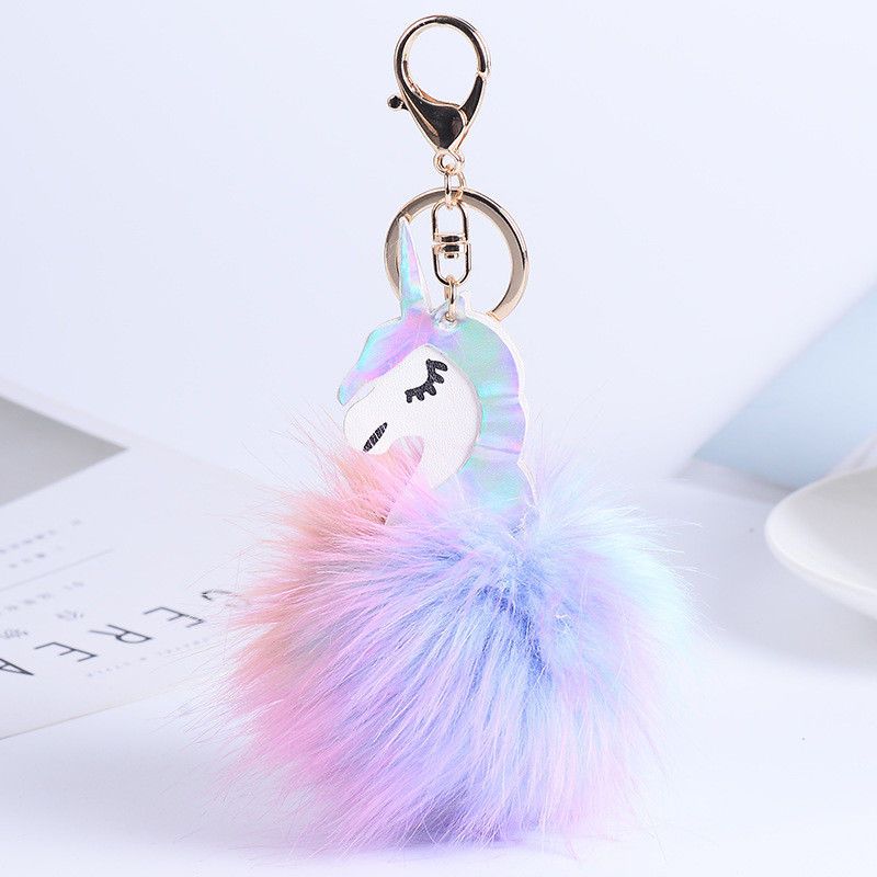 Creative Fluffy Unicorn Keychain Pompom Fur Car Key Chain