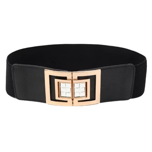 Ladies Black Decorated Elastic Wide Buckle Belt