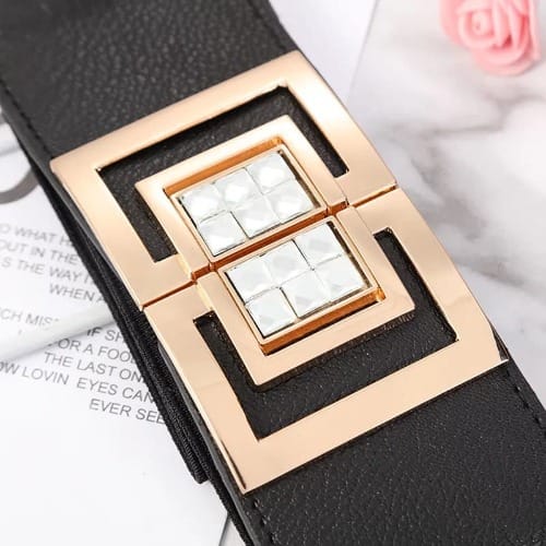 Ladies Black Decorated Elastic Wide Buckle Belt