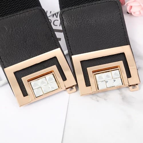 Ladies Black Decorated Elastic Wide Buckle Belt