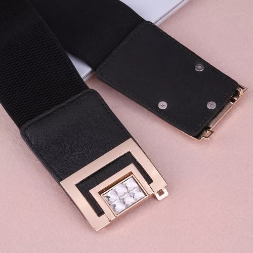 Ladies Black Decorated Elastic Wide Buckle Belt