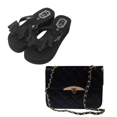 Bow Knot Platform Heel Slippers + Quilted Bag - Black