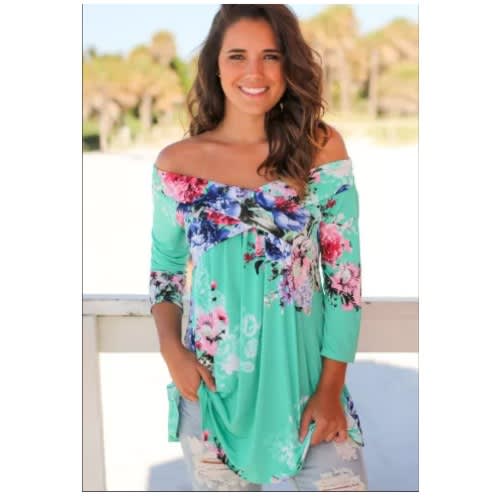 Mint Floral Off Shoulder Crisscross Top - Green