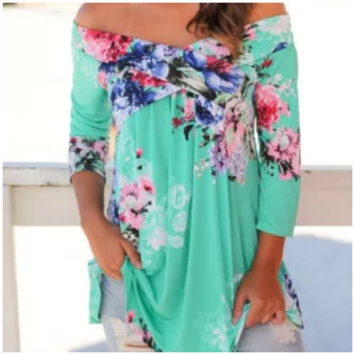 Mint Floral Off Shoulder Crisscross Top - Green