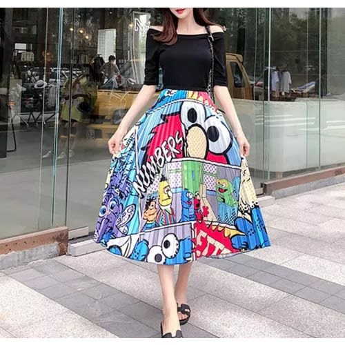 Cartoon Print Pleated A-line Mid-calf Skirt - Multicolour