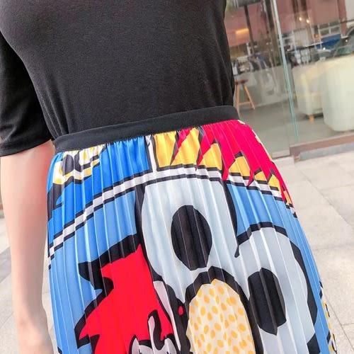 Cartoon Print Pleated A-line Mid-calf Skirt - Multicolour