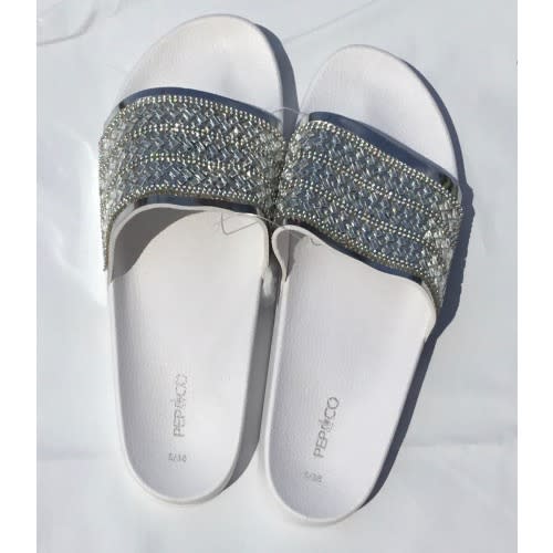 Rhinestone Jewelled Slip-on Slide White & Silver