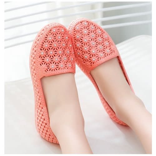 Rhinestones Ladies Loafers-Peach