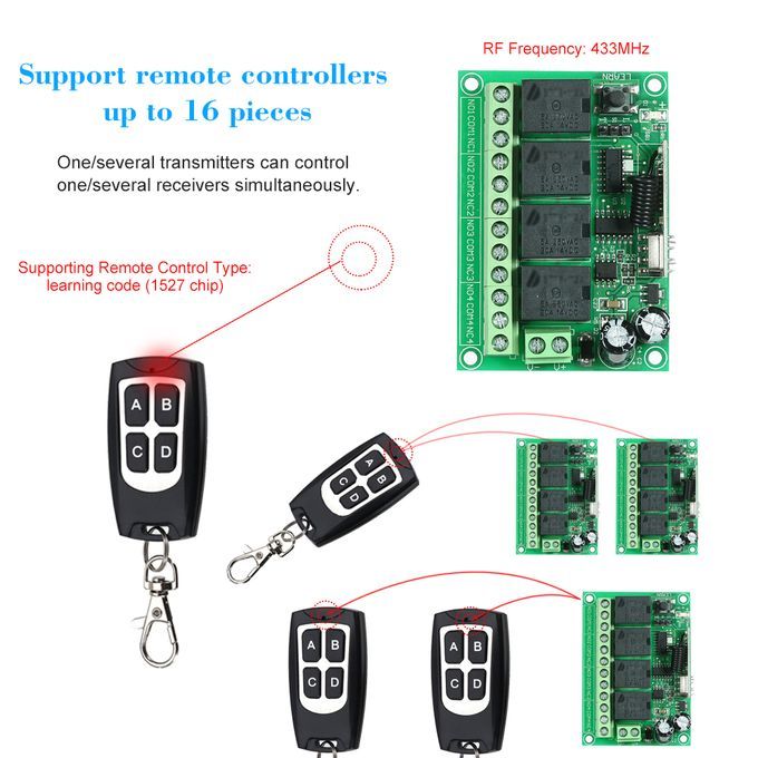 433Mhz DC 12V 4CH Universal 10A Relay Wireless Remote