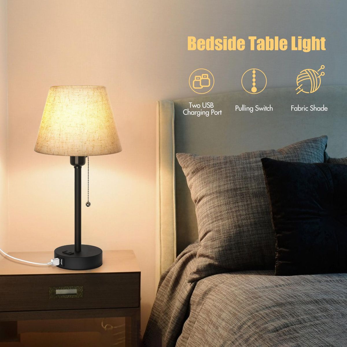 Tomshine Bedside Table Lamp Dual USB and Socket Night Light Desk Lamp for Living Room Bedroom Pull Chain Switch