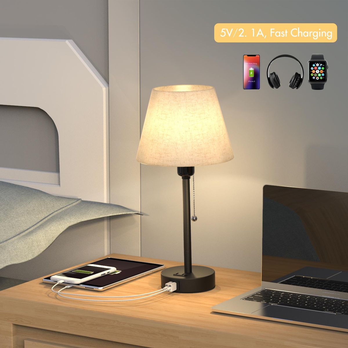 Tomshine Bedside Table Lamp Dual USB and Socket Night Light Desk Lamp for Living Room Bedroom Pull Chain Switch