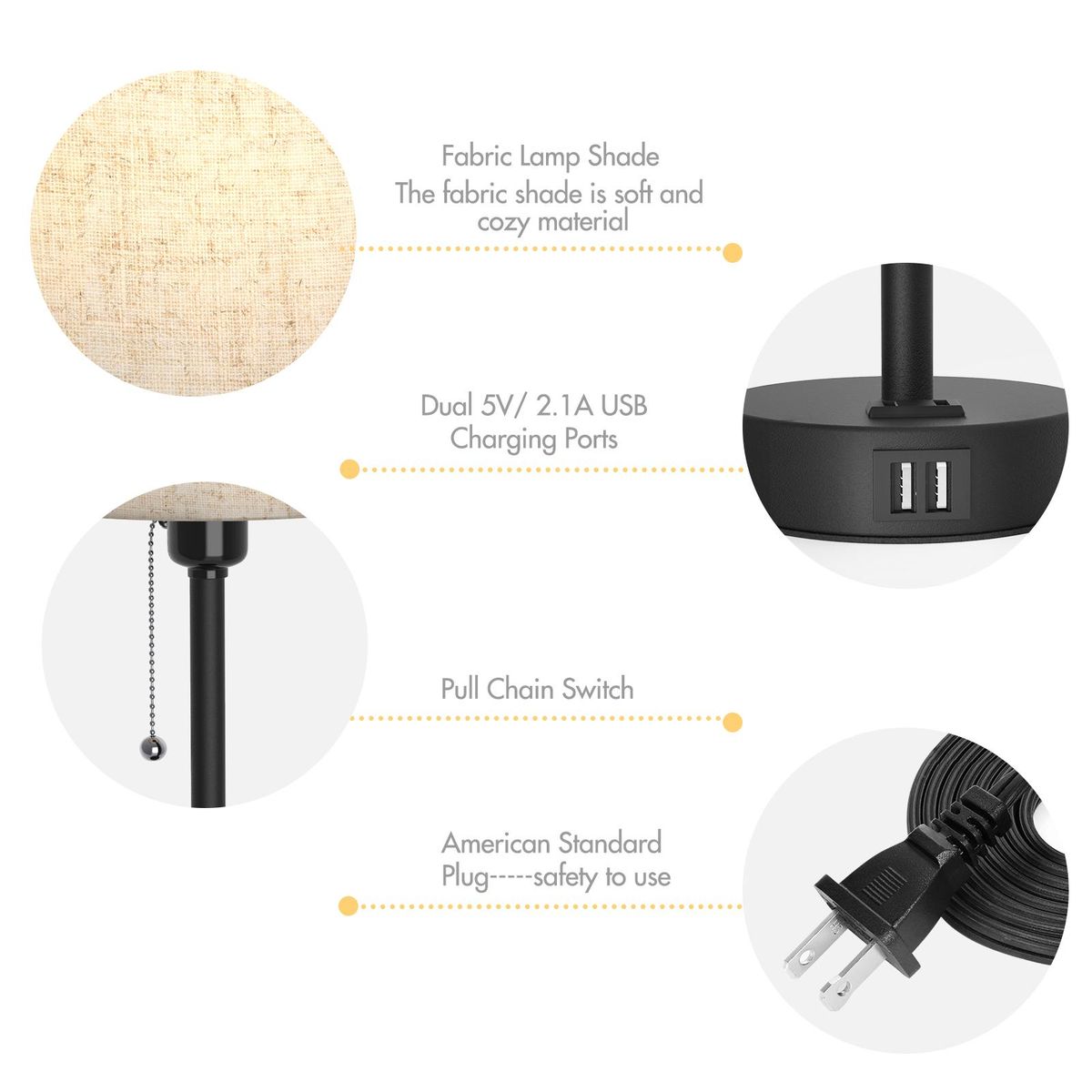 Tomshine Bedside Table Lamp Dual USB and Socket Night Light Desk Lamp for Living Room Bedroom Pull Chain Switch