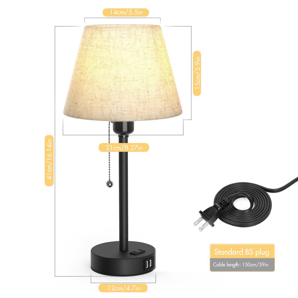 Tomshine Bedside Table Lamp Dual USB and Socket Night Light Desk Lamp for Living Room Bedroom Pull Chain Switch