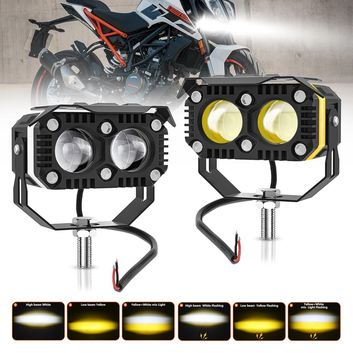 Motorcycle LED Driving Lights, 120W 12000LM 6000K/3500K Super Bright Yellow White Spotlights Waterproof Fog Lights for Cars Tractors Trucks ATVs SUVs Boats, 1 Pair