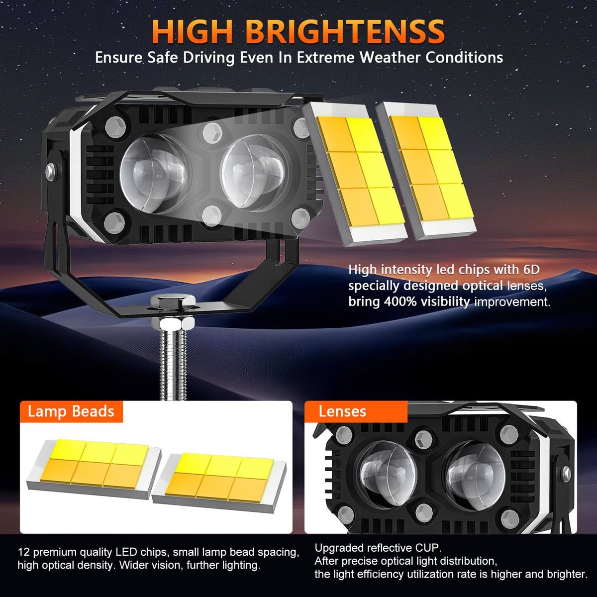 Motorcycle LED Driving Lights, 120W 12000LM 6000K/3500K Super Bright Yellow White Spotlights Waterproof Fog Lights for Cars Tractors Trucks ATVs SUVs Boats, 1 Pair