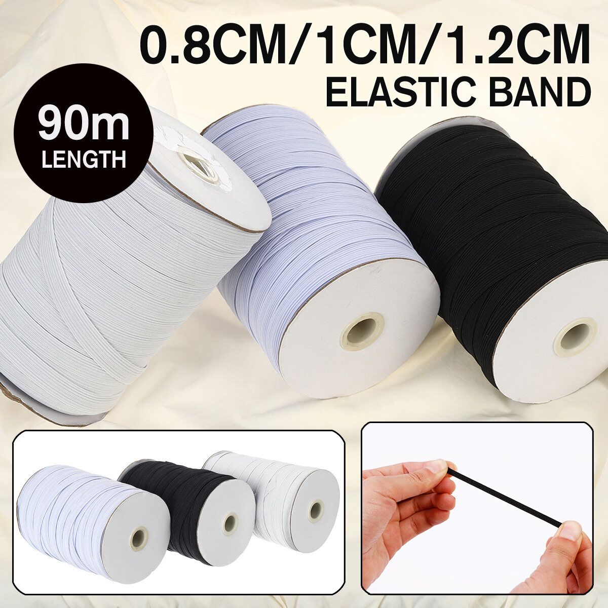 0.8cm 1cm 1.2cm 90m Length Flat Elastic Band Rubber Strap Stretch Sewing Making Antique White 1.2cm