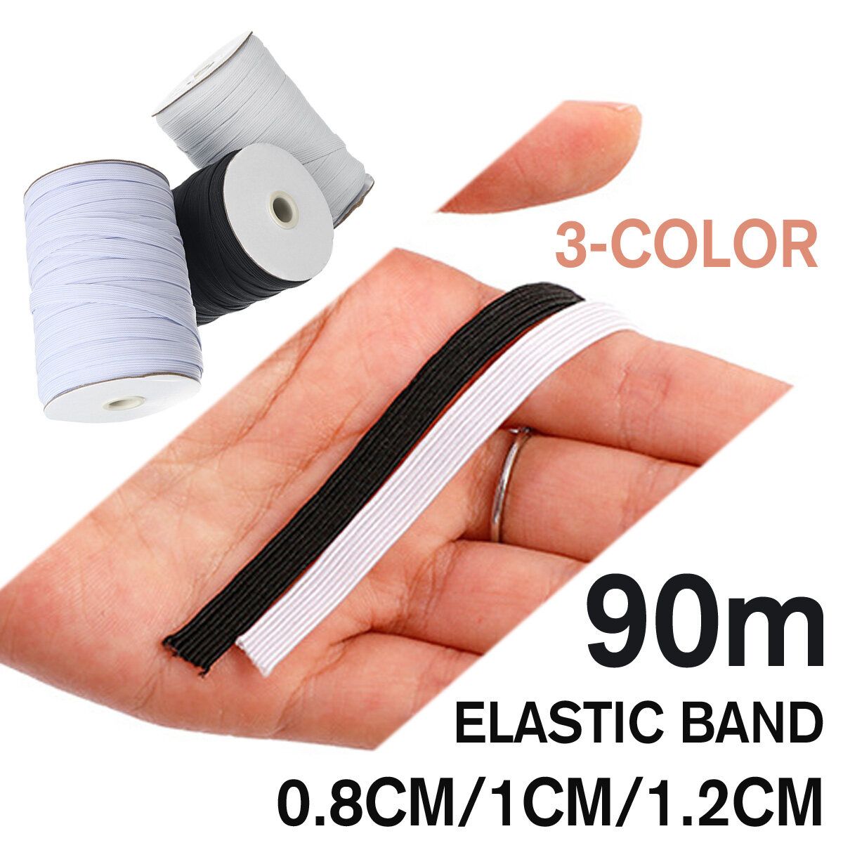 0.8cm 1cm 1.2cm 90m Length Flat Elastic Band Rubber Strap Stretch Sewing Making Antique White 1.2cm