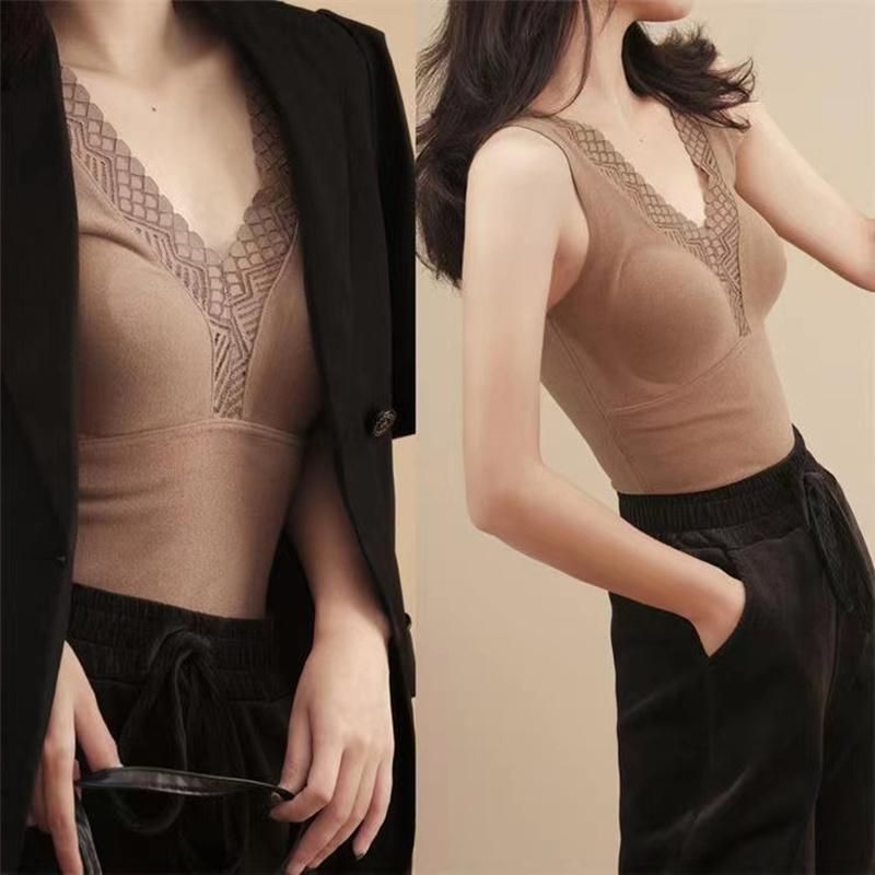 Autumn And Winter Models Of Cashmere Silk With Chest Pad Thermal Underwear Women's Lace V-neck Velvet Thickened Undershirt