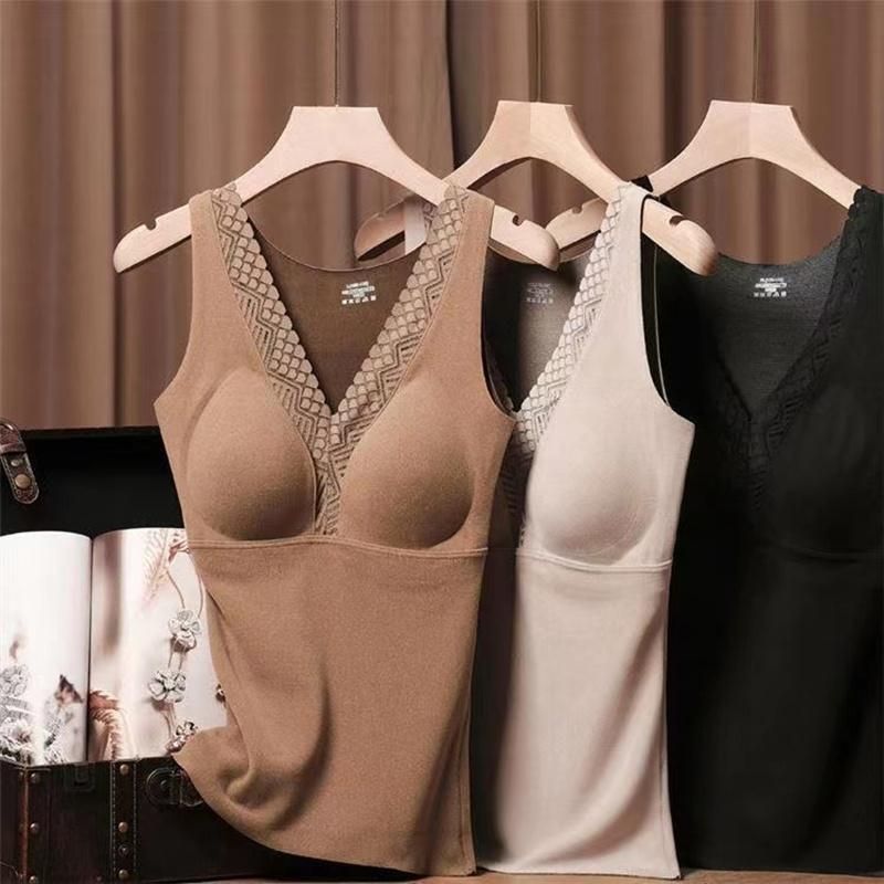 Autumn And Winter Models Of Cashmere Silk With Chest Pad Thermal Underwear Women's Lace V-neck Velvet Thickened Undershirt