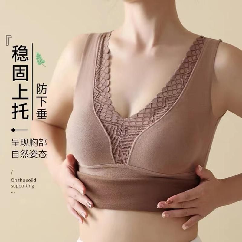 Autumn And Winter Models Of Cashmere Silk With Chest Pad Thermal Underwear Women's Lace V-neck Velvet Thickened Undershirt