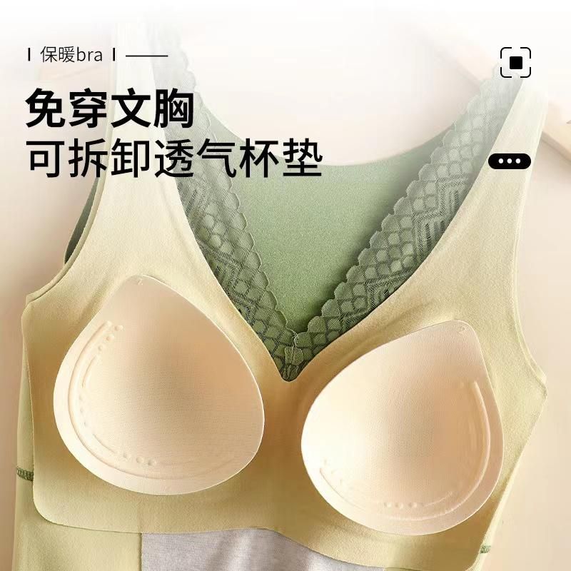 Autumn And Winter Models Of Cashmere Silk With Chest Pad Thermal Underwear Women's Lace V-neck Velvet Thickened Undershirt