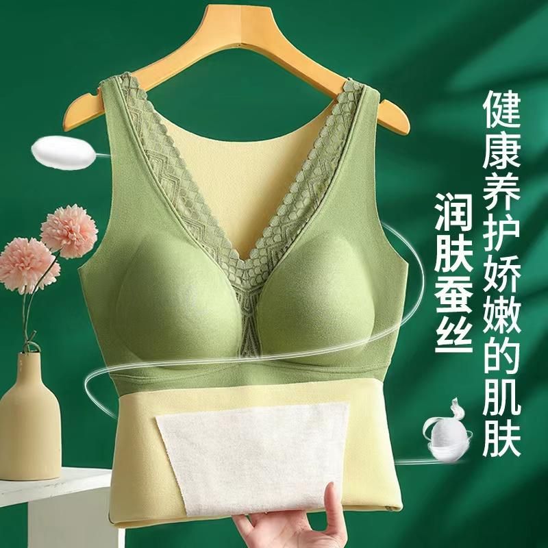 Autumn And Winter Models Of Cashmere Silk With Chest Pad Thermal Underwear Women's Lace V-neck Velvet Thickened Undershirt