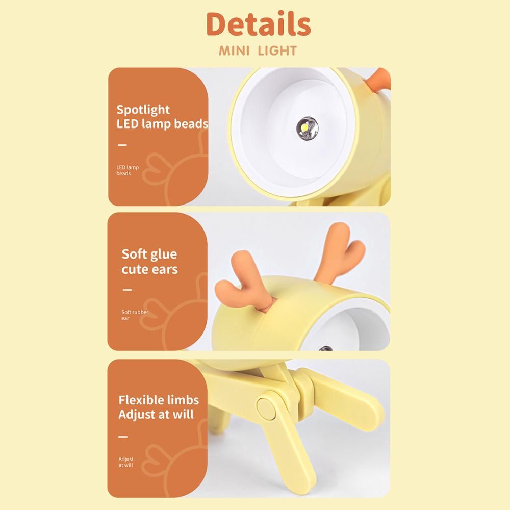 Cartoon Night Light Kid Lamp Mini Deer LED Desk Lamps Cute DIY Portable with Adjustable Phone Holder for Kids Students Bedroom Bookends Nursery Room